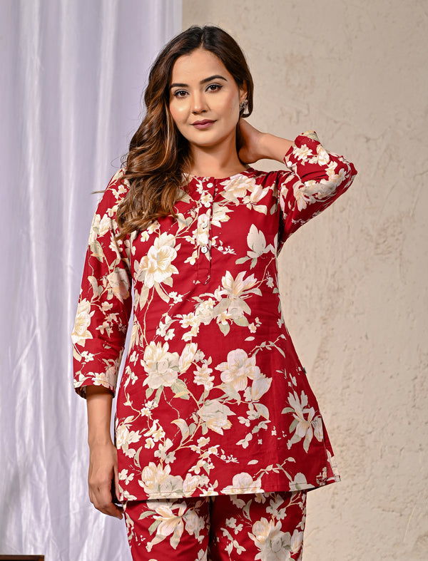 Red Flower Printed Cotton Co-Ord Set