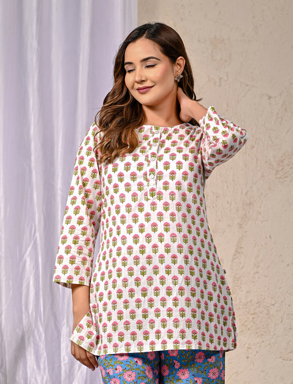 White Blue Butti Printed Cotton Co-Ord Set