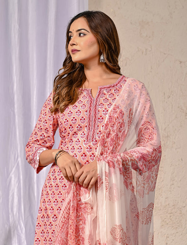 Peach Block Printed Cotton Kurta Pant Set