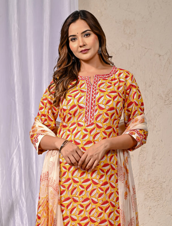 Yellow Block Printed Cotton Kurta Pant Set
