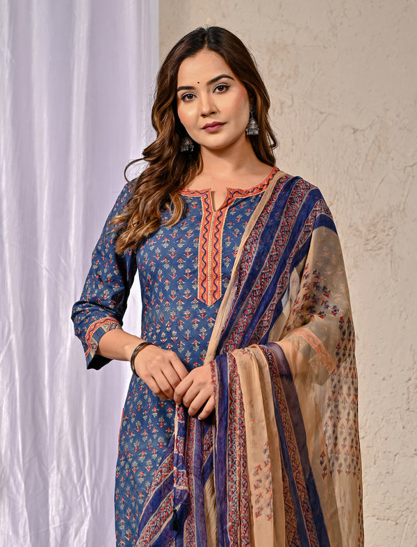 Blue Block Printed Cotton Kurta Pant Set