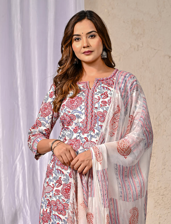 White Block Printed Cotton Kurta Pant Set