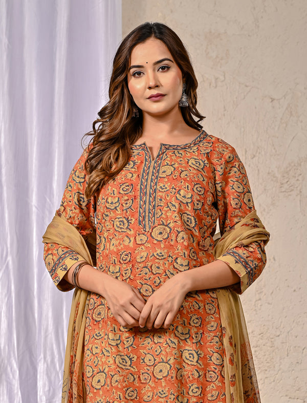 Orange Jaal Block Printed Cotton Kurta Pant Set