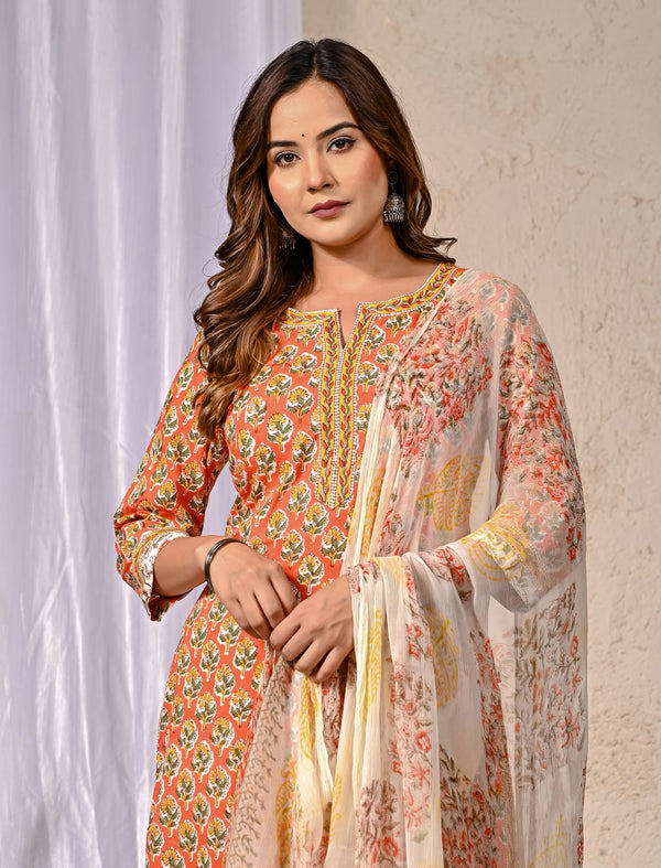 Orange Butta Block Printed Cotton Kurta Pant Set