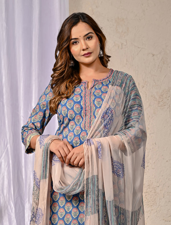Blue  Butta Block Printed Cotton Kurta Pant Set