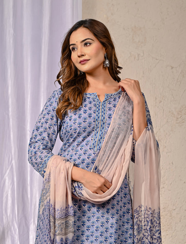 Grey Butti Block Printed Cotton Kurta Pant Set