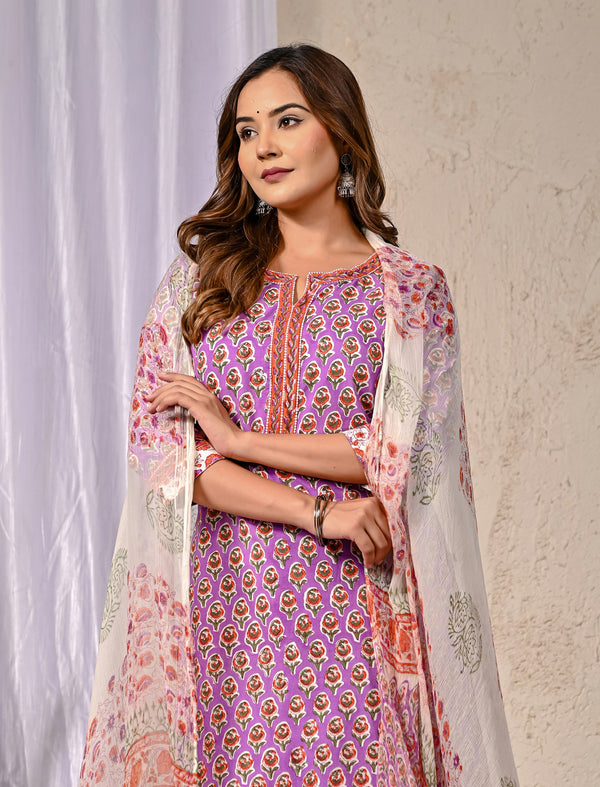 Purple Butta Block Printed Cotton Kurta Pant Set