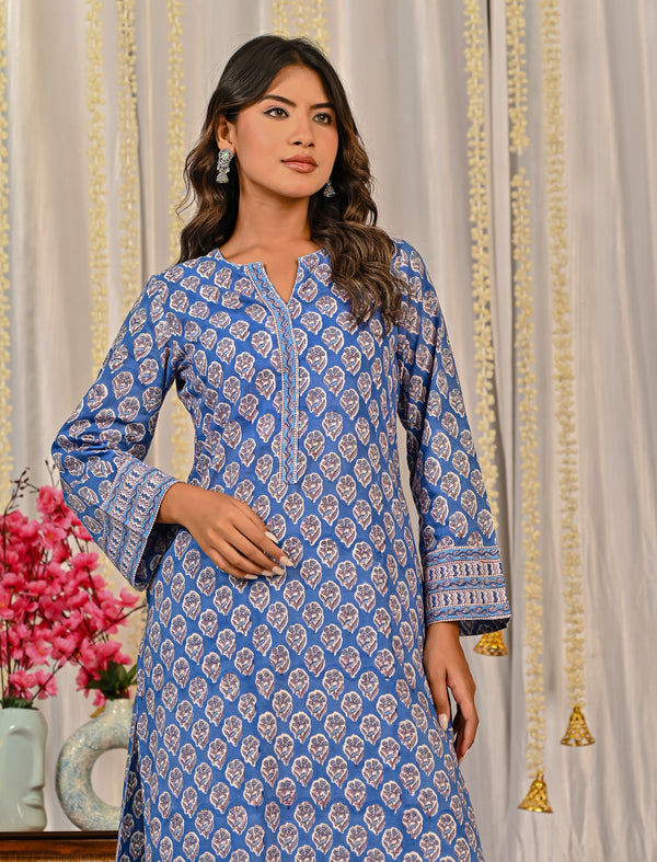 Blue Block Printed Cotton Kurta Pant Set