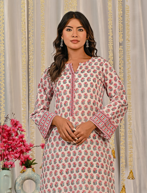 White Block Printed Cotton Kurta Pant Set