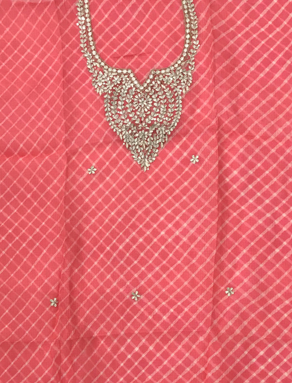 Kota Silk Unstitched Kurta Fabric With Hand Work On Yoke