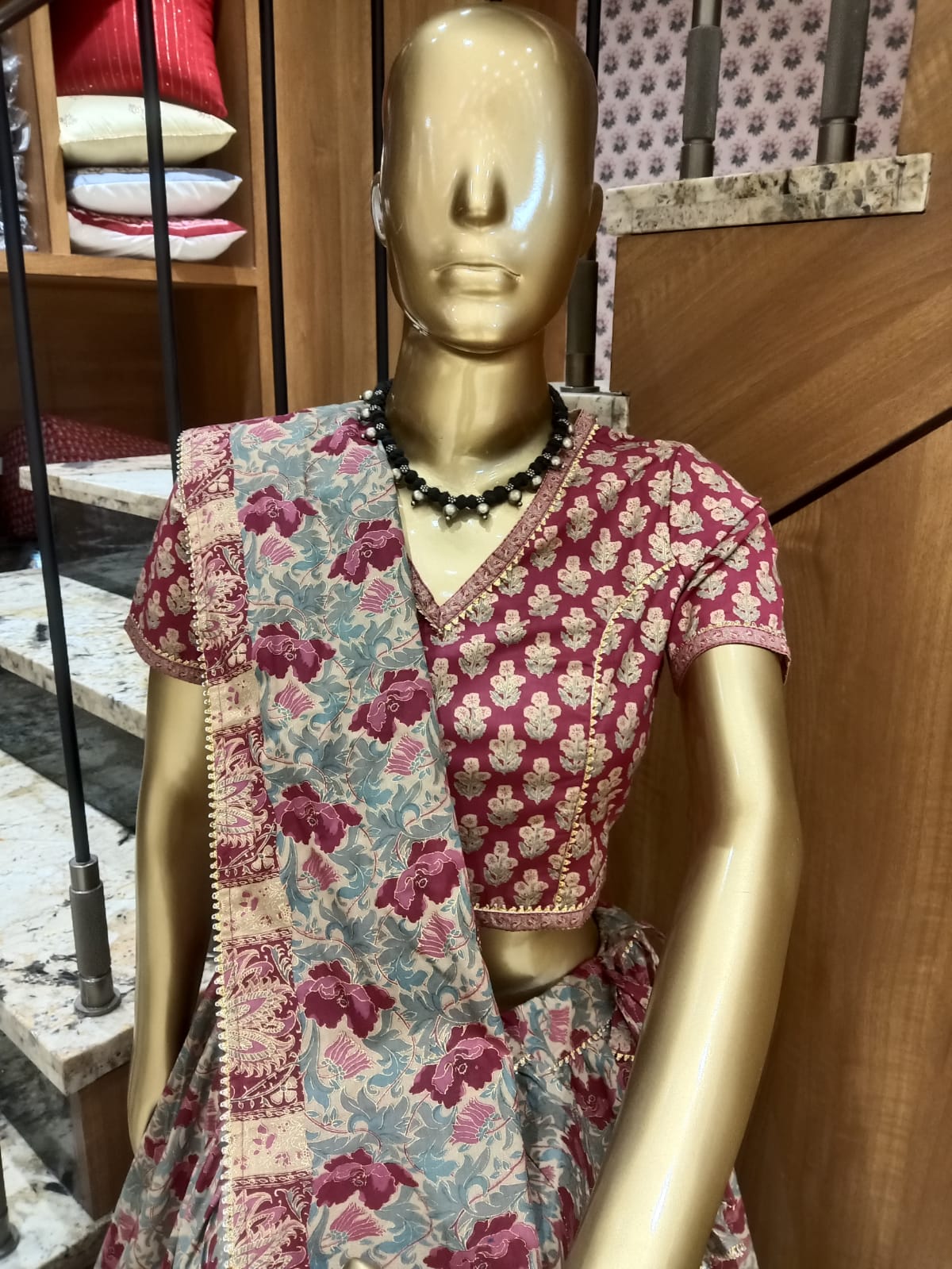 Maroon Cream Block Printed Festive Cotton Lehenga