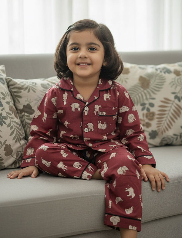 Red Elephant Block Printed Cotton Night Suit For Kids